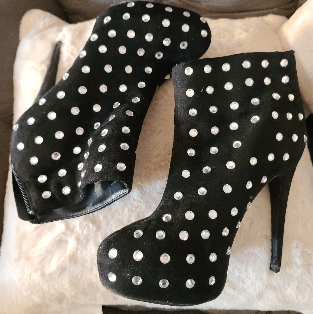 Suede black and rhinestone booties